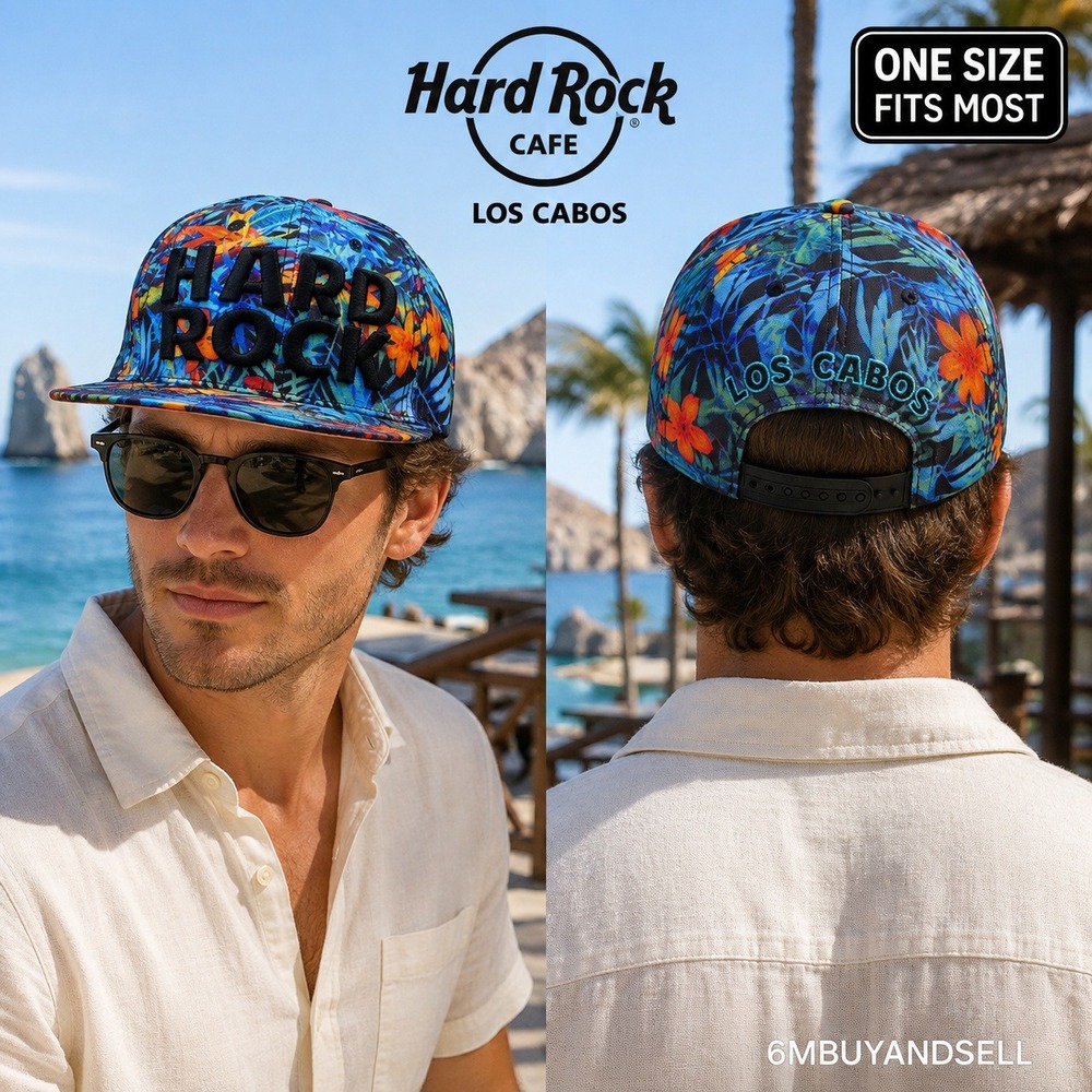 Hard Rock Cafe Los Cabos Snapback Hat Tropical Floral Print Black Embroidery Cap